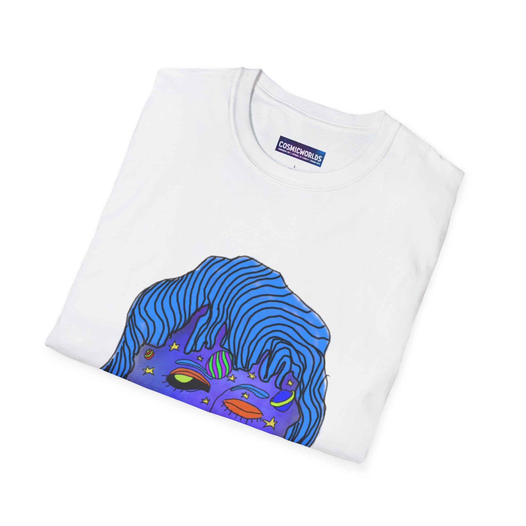 Psychedelic Cosmic Face T-Shirt — Surreal Blue Alien Portrait Tee