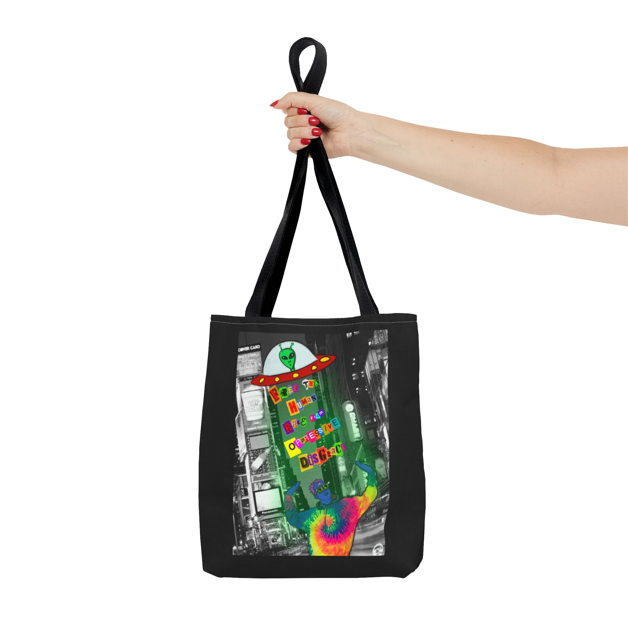 Cosmic Worlds Alien UFO Tote Bag — Psychedelic Rainbow Abduction Design
