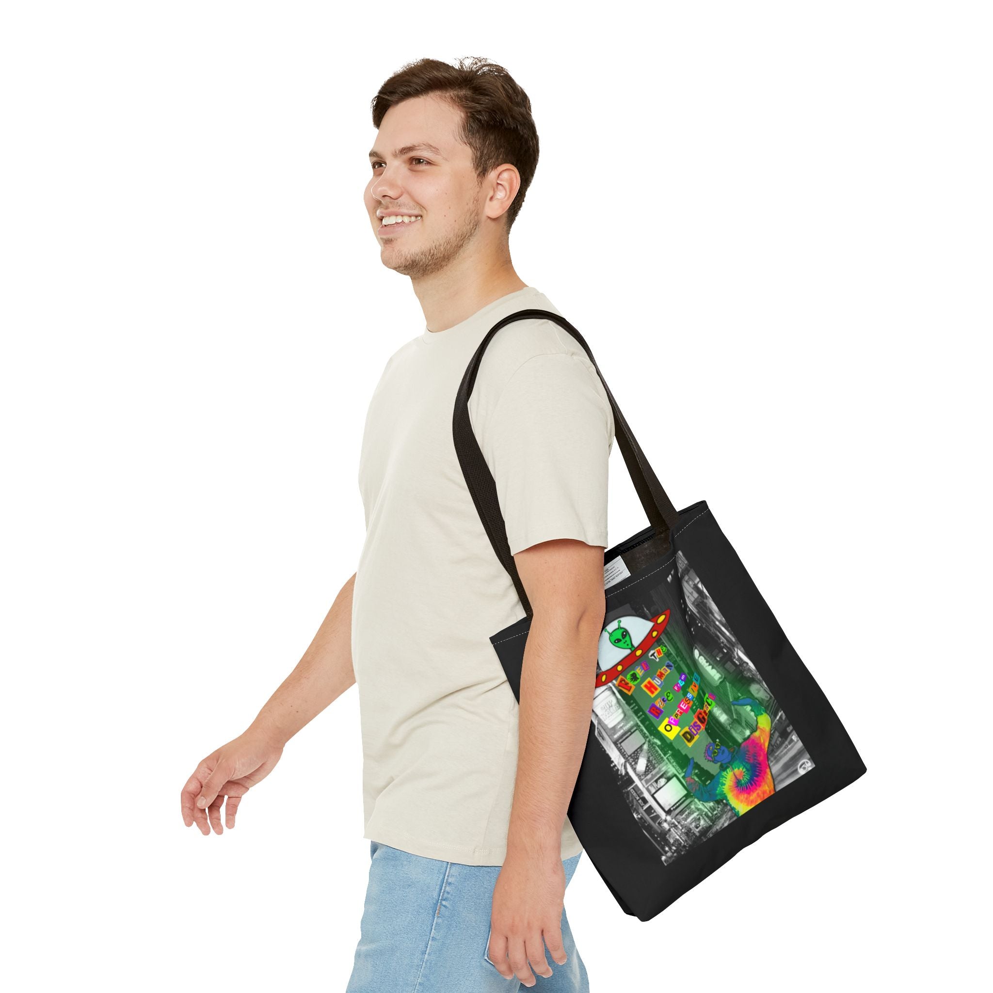 Cosmic Worlds Alien UFO Tote Bag — Psychedelic Rainbow Abduction Design