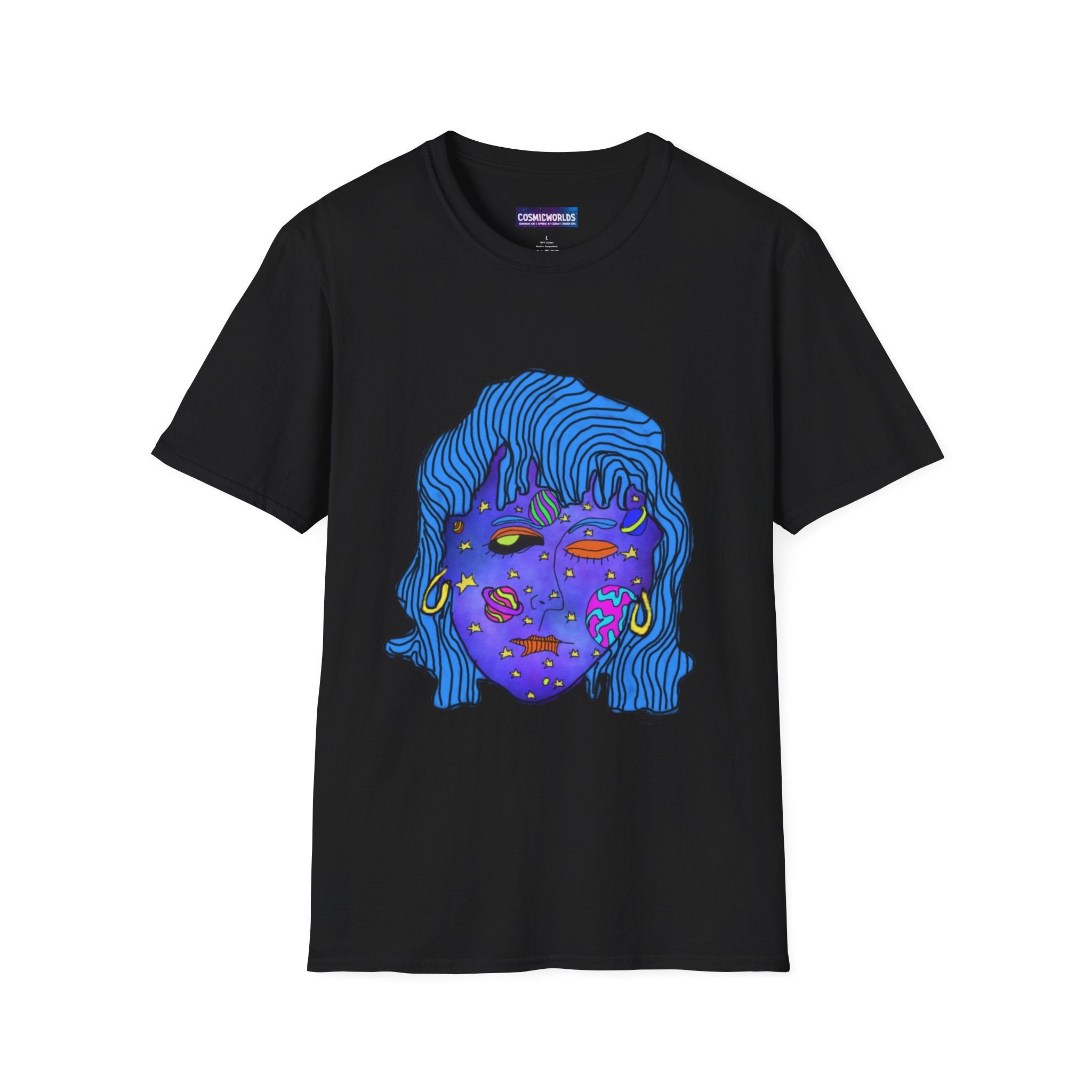 Psychedelic Cosmic Face T-Shirt — Surreal Blue Alien Portrait Tee