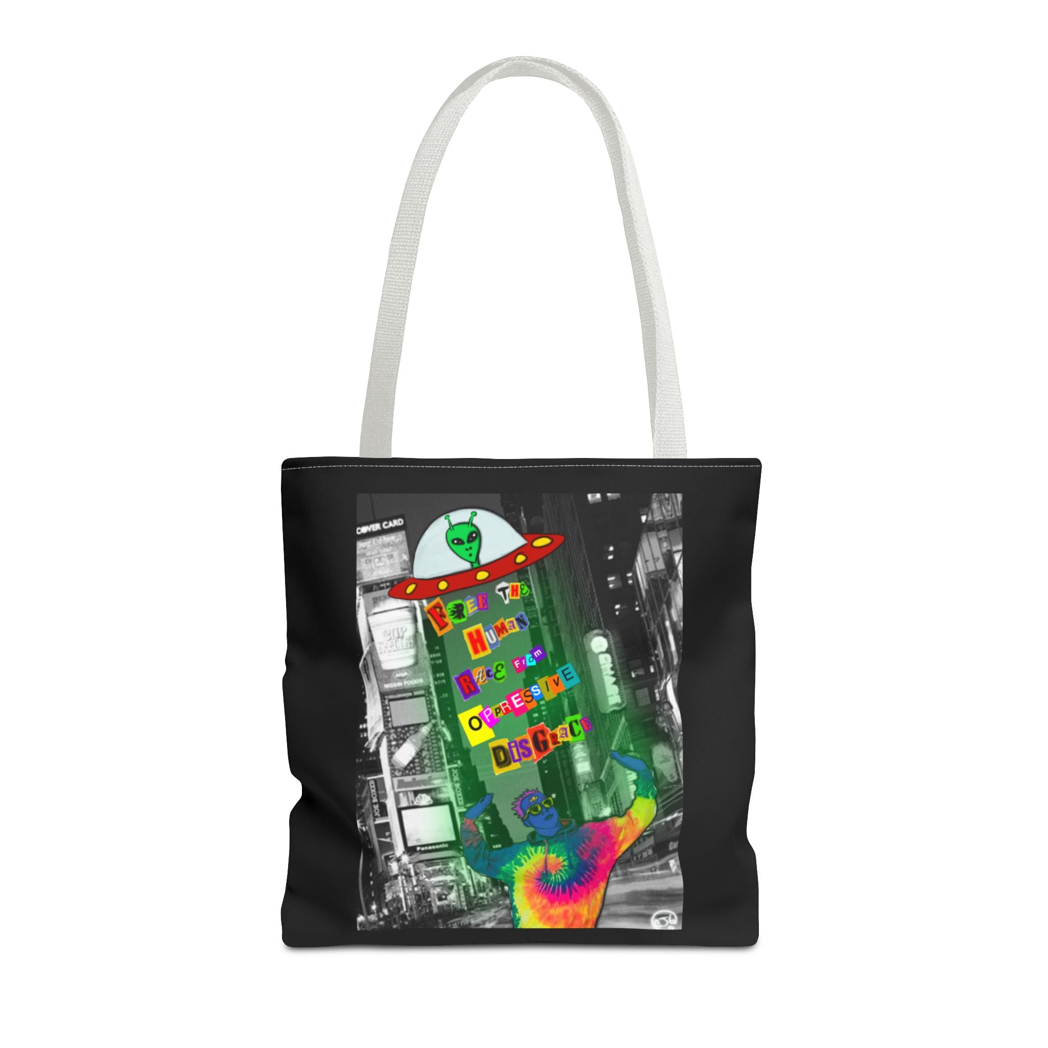 Cosmic Worlds Alien UFO Tote Bag — Psychedelic Rainbow Abduction Design