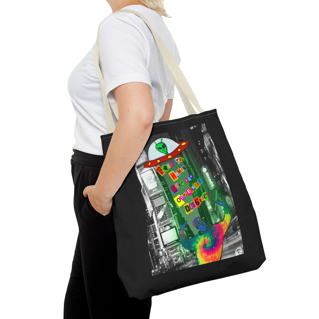 Cosmic Worlds Alien UFO Tote Bag — Psychedelic Rainbow Abduction Design