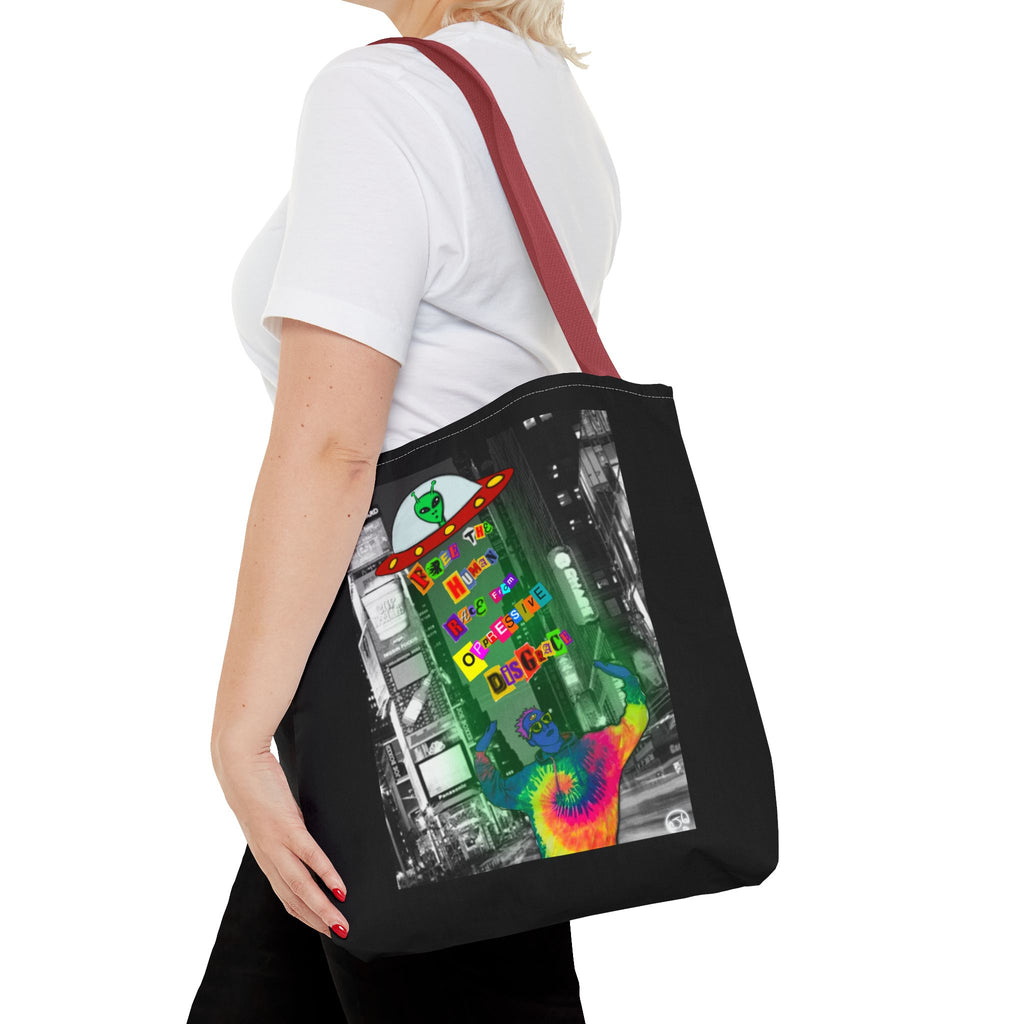 Cosmic Worlds Alien UFO Tote Bag — Psychedelic Rainbow Abduction Design