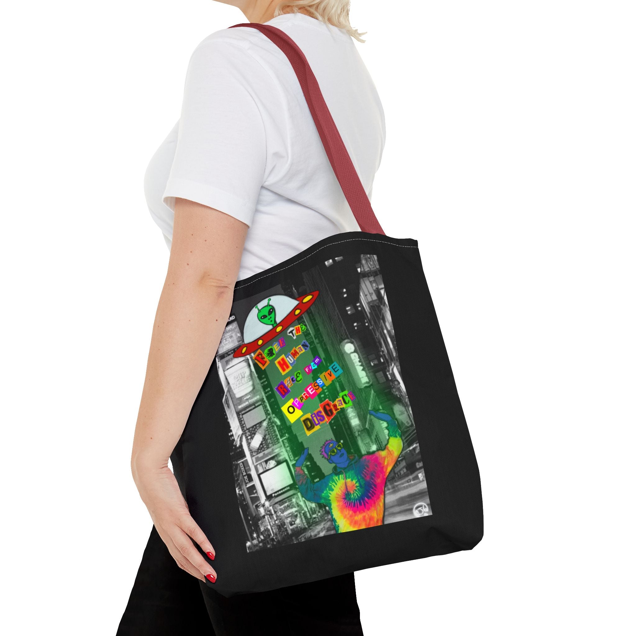 Cosmic Worlds Alien UFO Tote Bag — Psychedelic Rainbow Abduction Design
