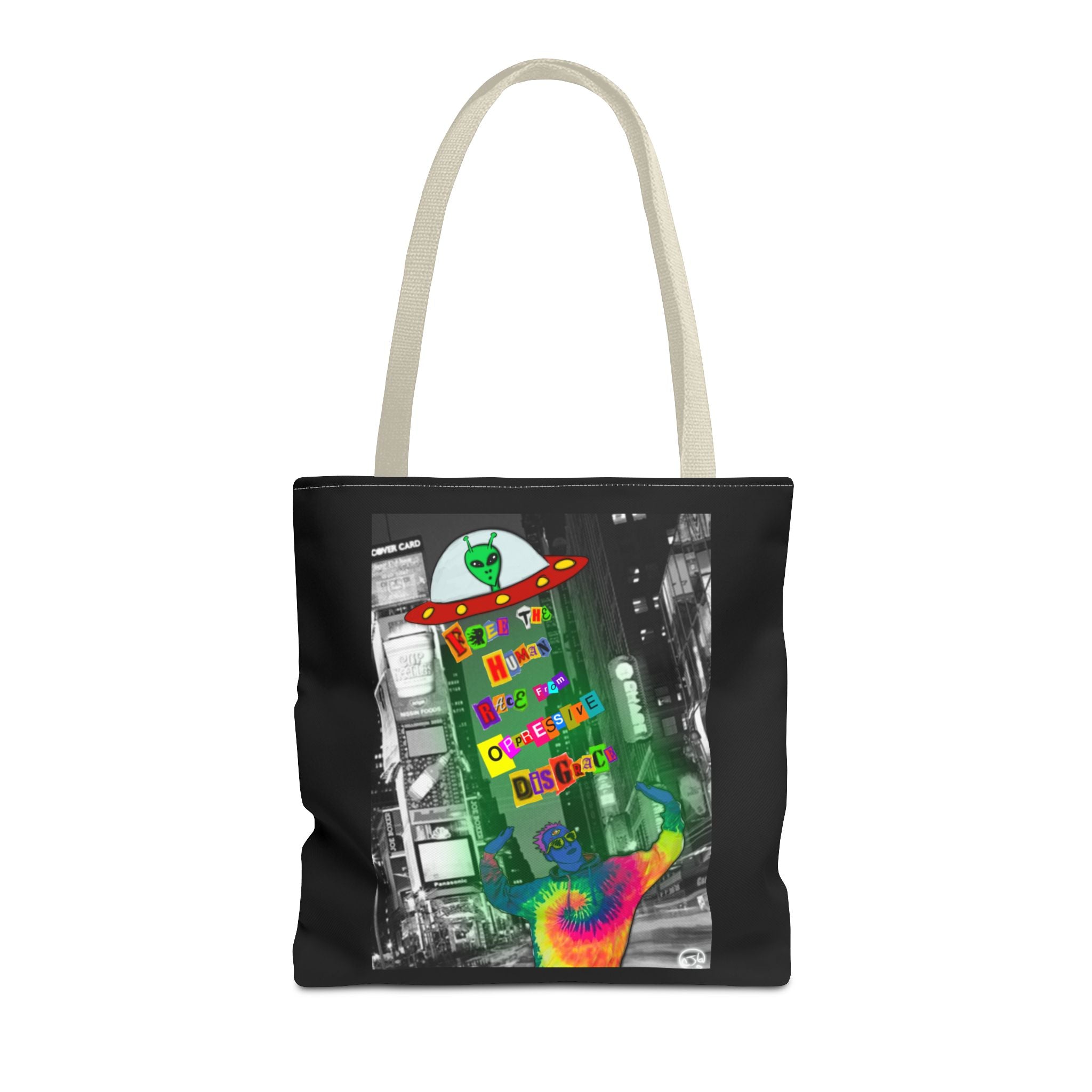 Cosmic Worlds Alien UFO Tote Bag — Psychedelic Rainbow Abduction Design