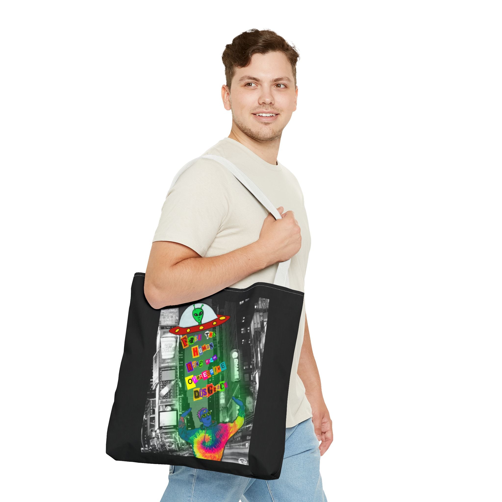 Cosmic Worlds Alien UFO Tote Bag — Psychedelic Rainbow Abduction Design