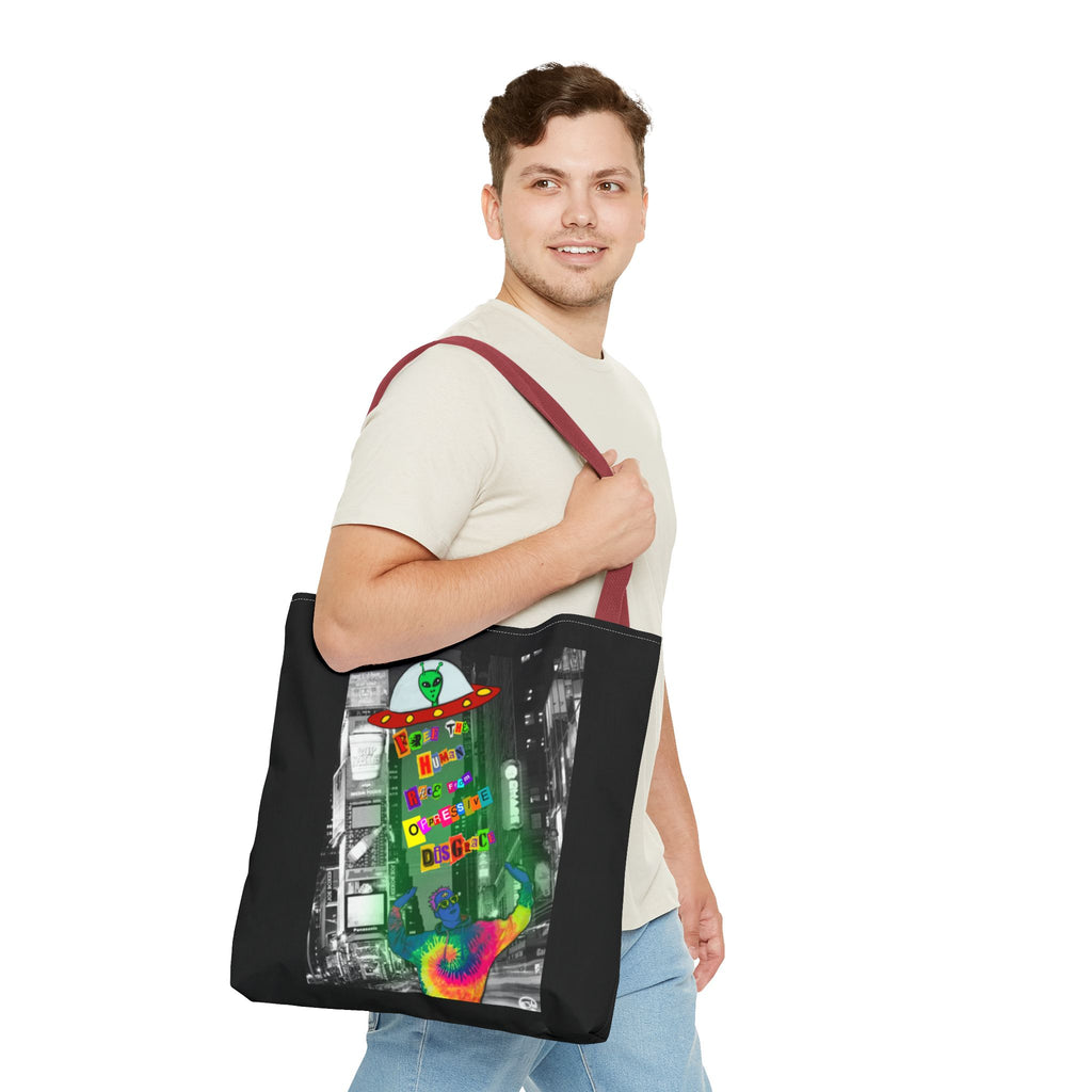 Cosmic Worlds Alien UFO Tote Bag — Psychedelic Rainbow Abduction Design