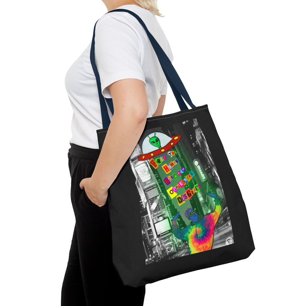 Cosmic Worlds Alien UFO Tote Bag — Psychedelic Rainbow Abduction Design