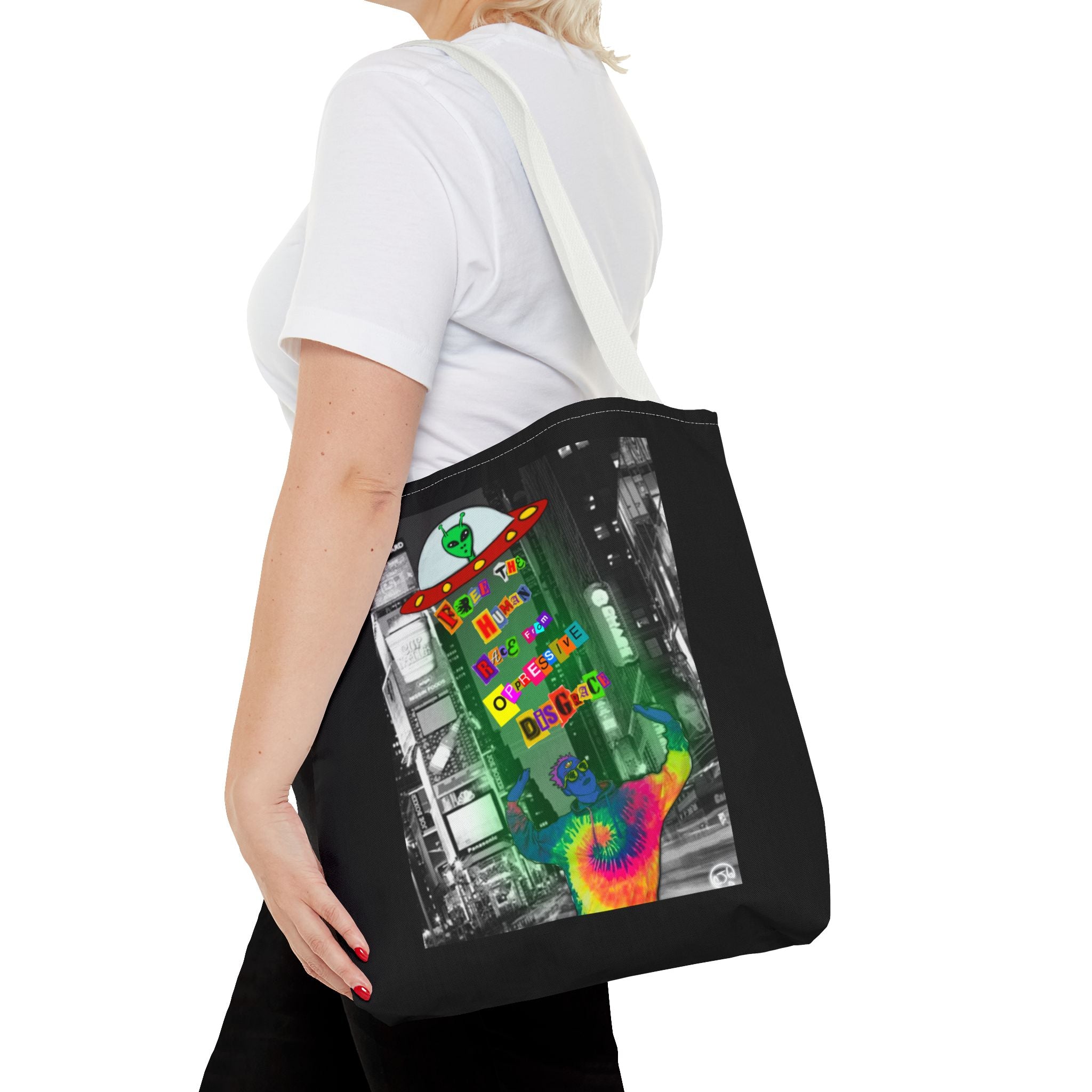 Cosmic Worlds Alien UFO Tote Bag — Psychedelic Rainbow Abduction Design