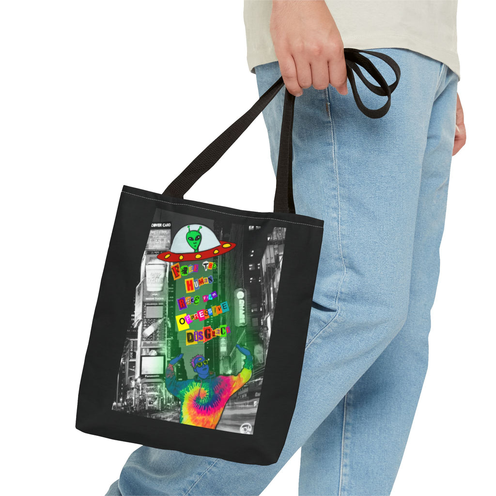Cosmic Worlds Alien UFO Tote Bag — Psychedelic Rainbow Abduction Design