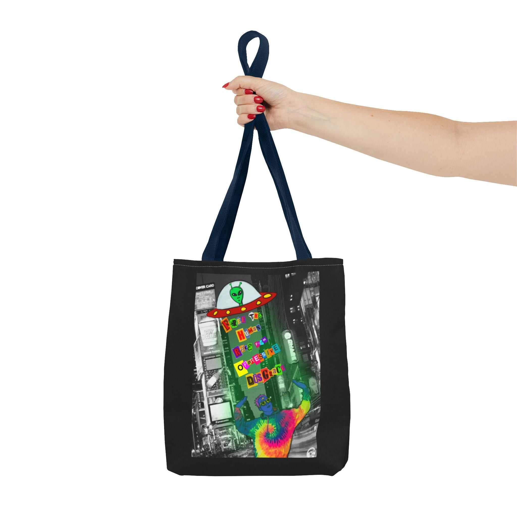 Cosmic Worlds Alien UFO Tote Bag — Psychedelic Rainbow Abduction Design