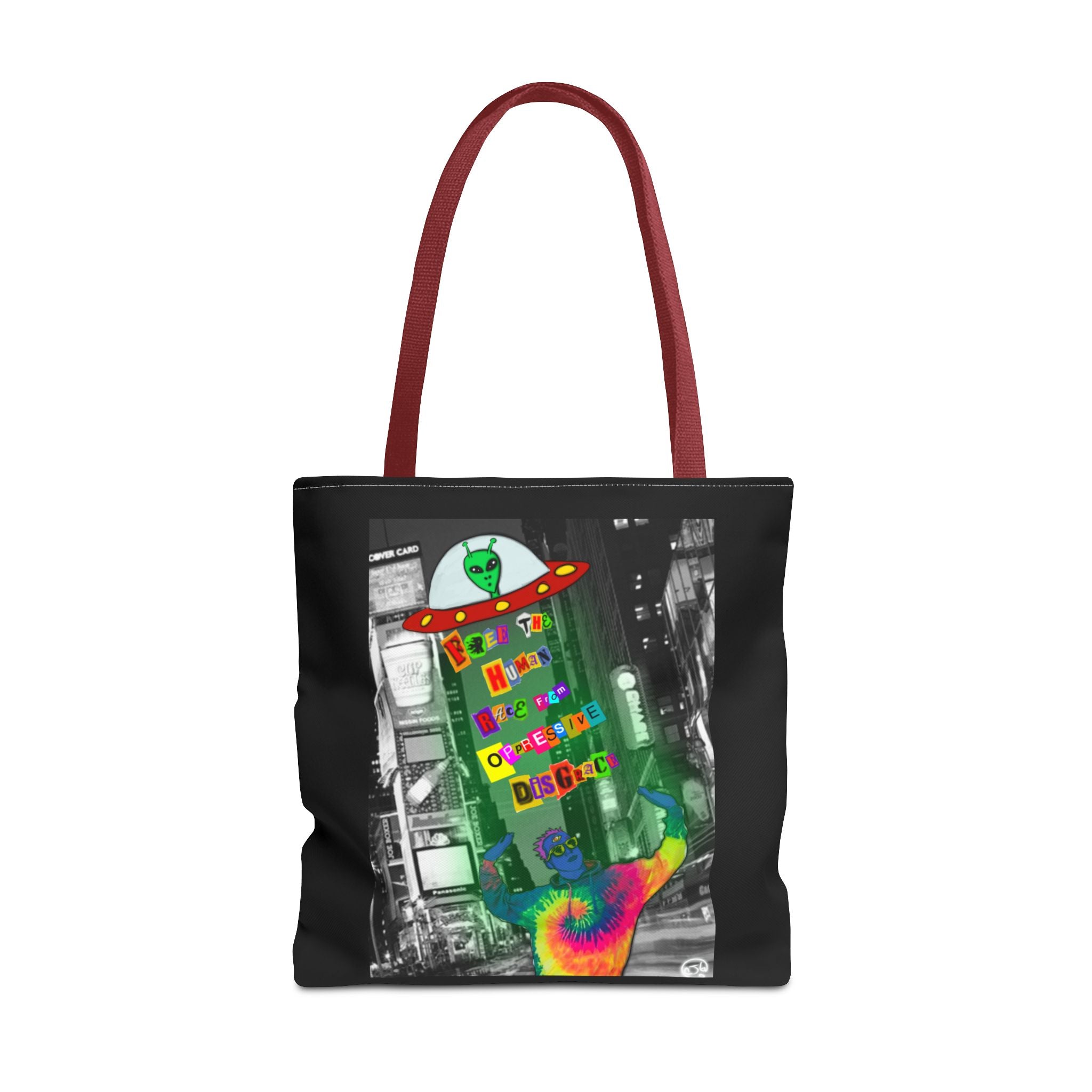 Cosmic Worlds Alien UFO Tote Bag — Psychedelic Rainbow Abduction Design