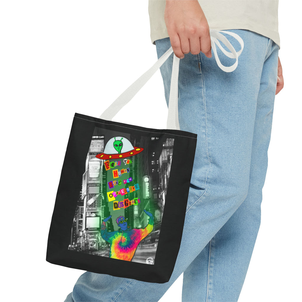 Cosmic Worlds Alien UFO Tote Bag — Psychedelic Rainbow Abduction Design
