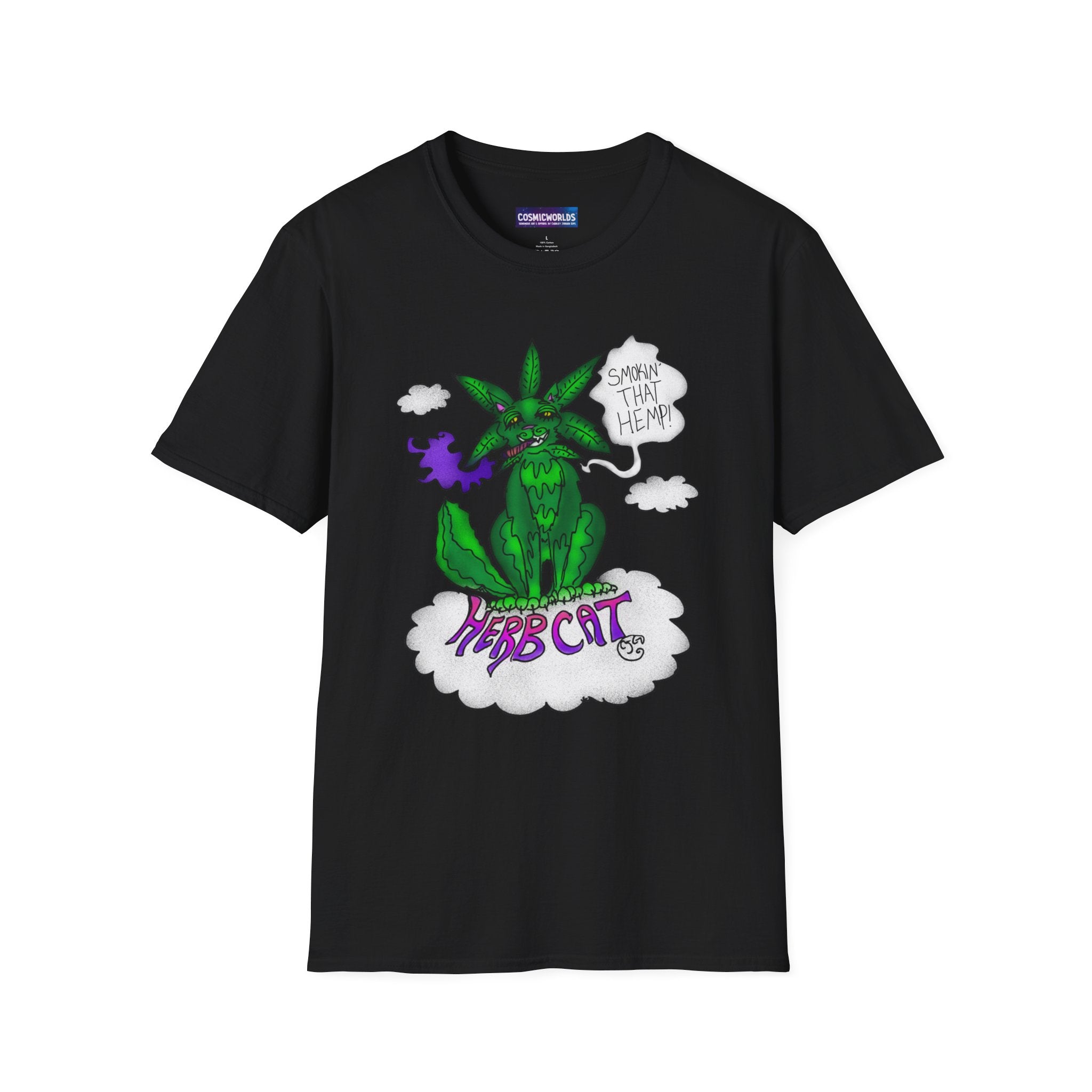 Herb Cat T-Shirt – Funny Cannabis Cat Graphic Tee ("Smells Like Hemp")
