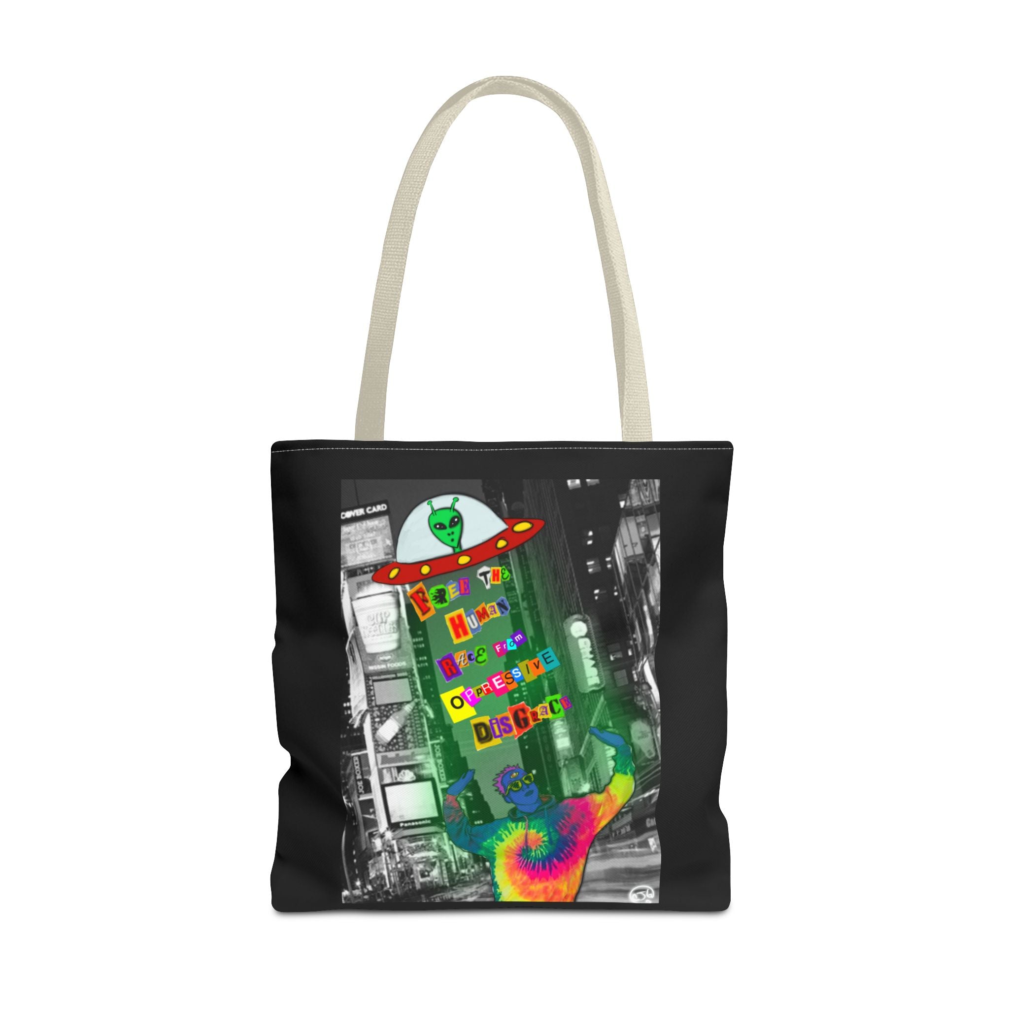 Cosmic Worlds Alien UFO Tote Bag — Psychedelic Rainbow Abduction Design