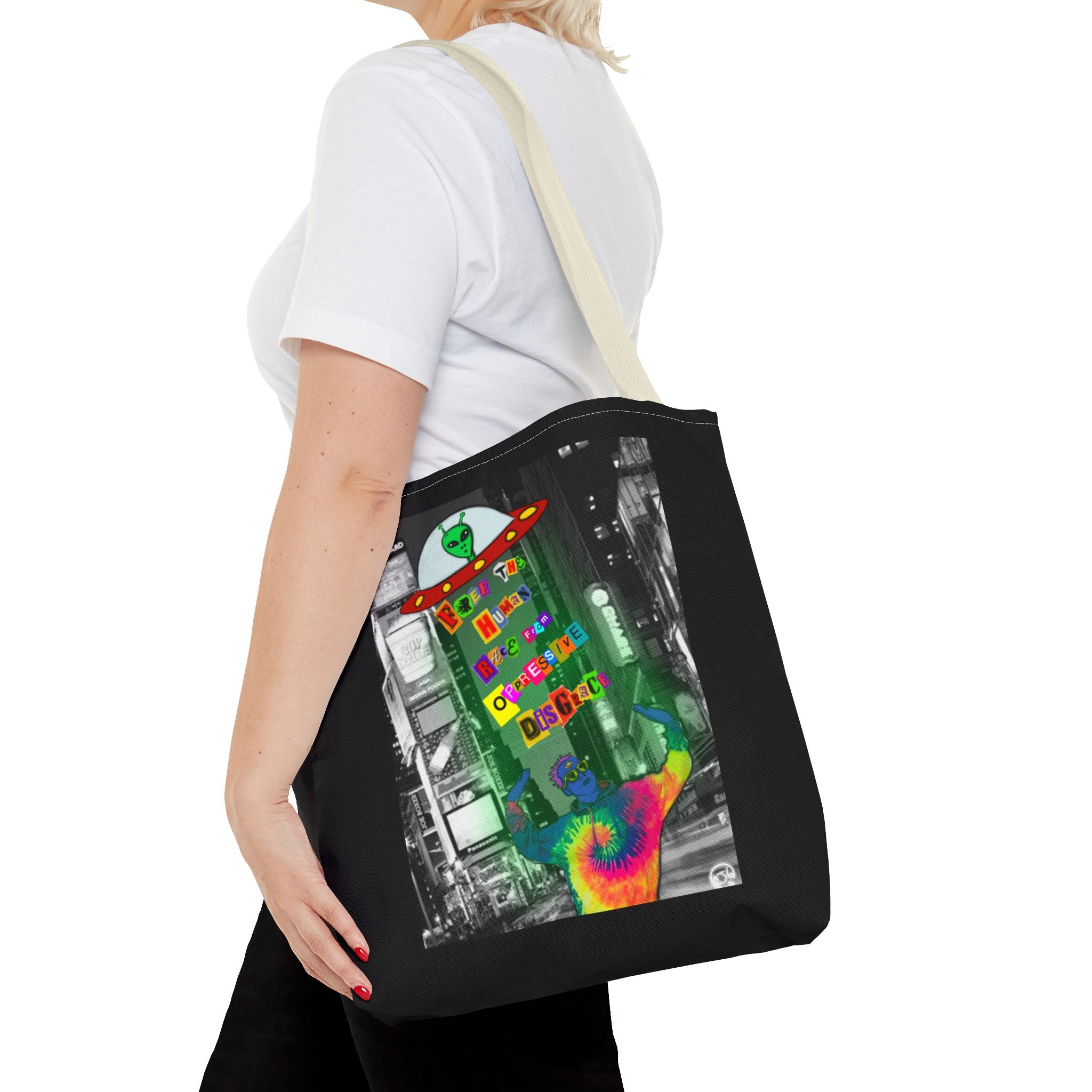 Cosmic Worlds Alien UFO Tote Bag — Psychedelic Rainbow Abduction Design