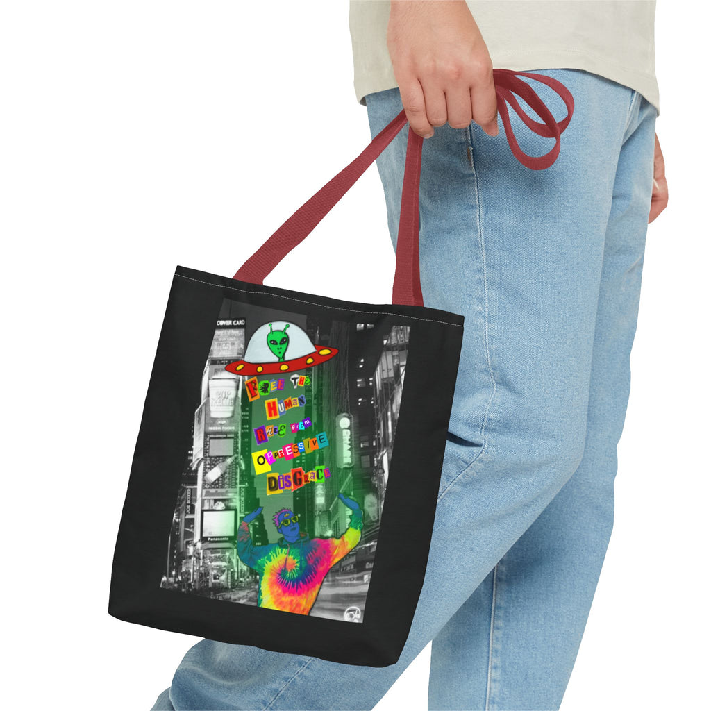 Cosmic Worlds Alien UFO Tote Bag — Psychedelic Rainbow Abduction Design