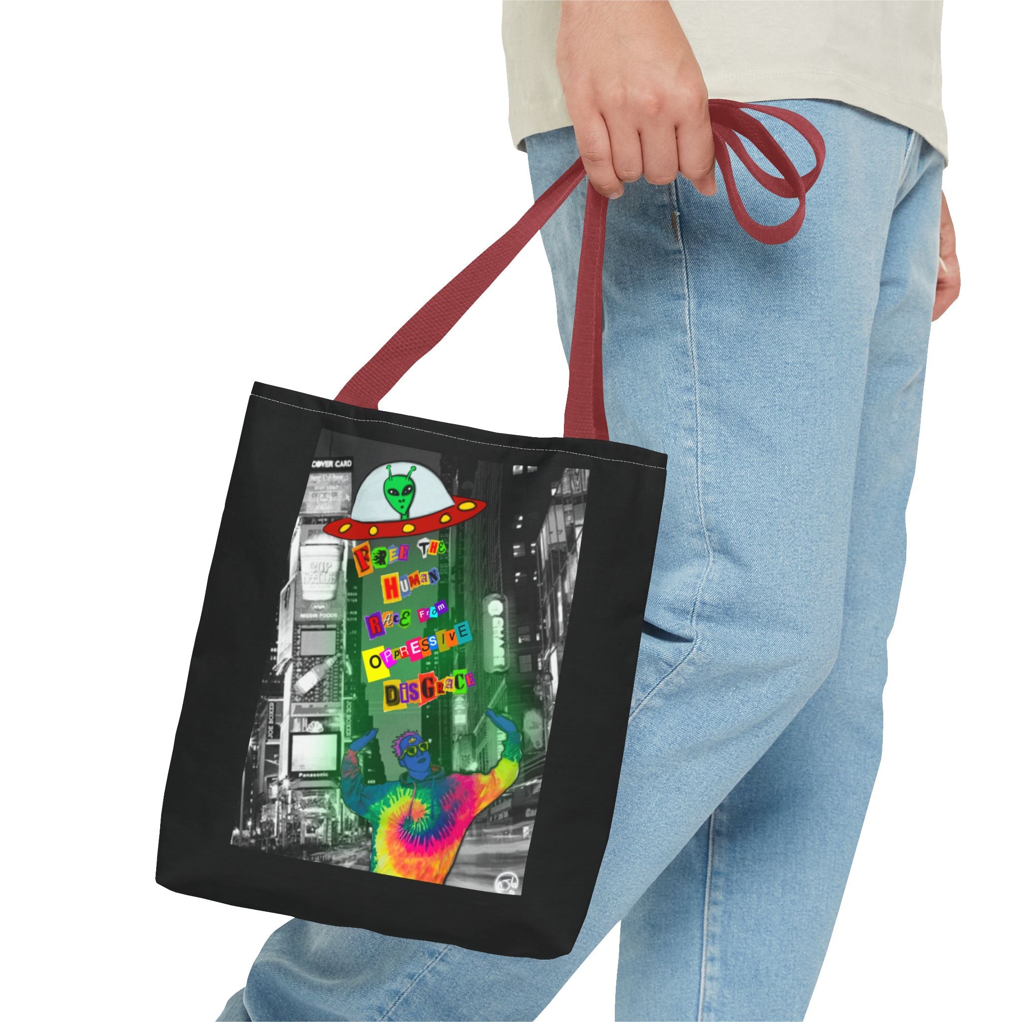Cosmic Worlds Alien UFO Tote Bag — Psychedelic Rainbow Abduction Design