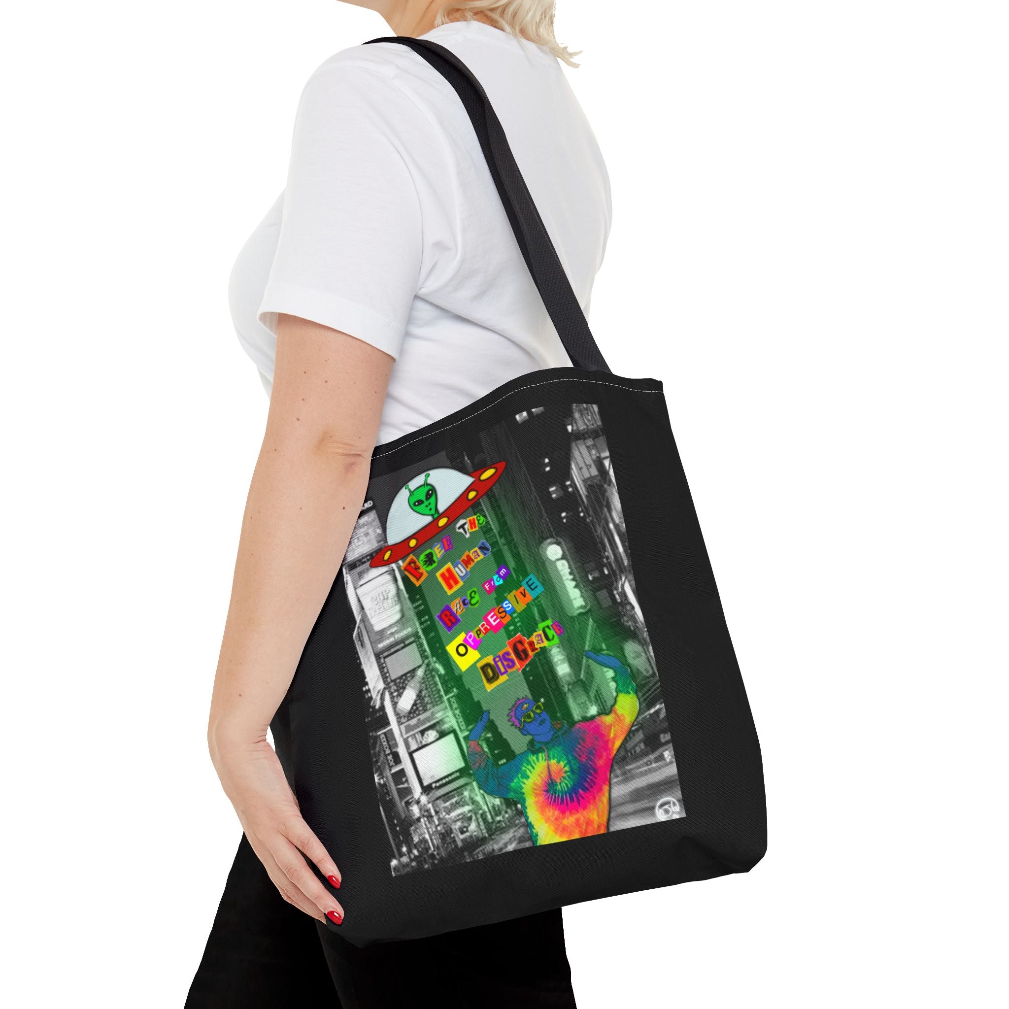 Cosmic Worlds Alien UFO Tote Bag — Psychedelic Rainbow Abduction Design