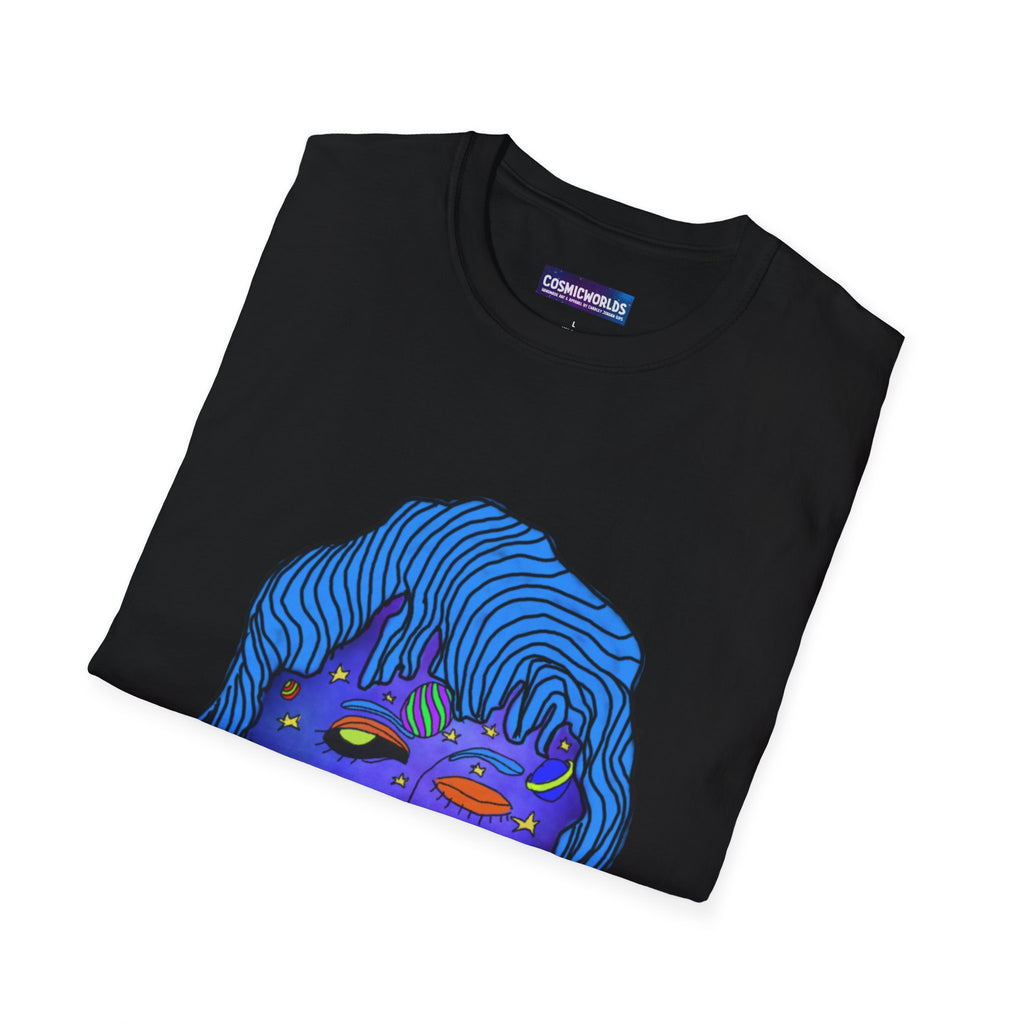 Psychedelic Cosmic Face T-Shirt — Surreal Blue Alien Portrait Tee
