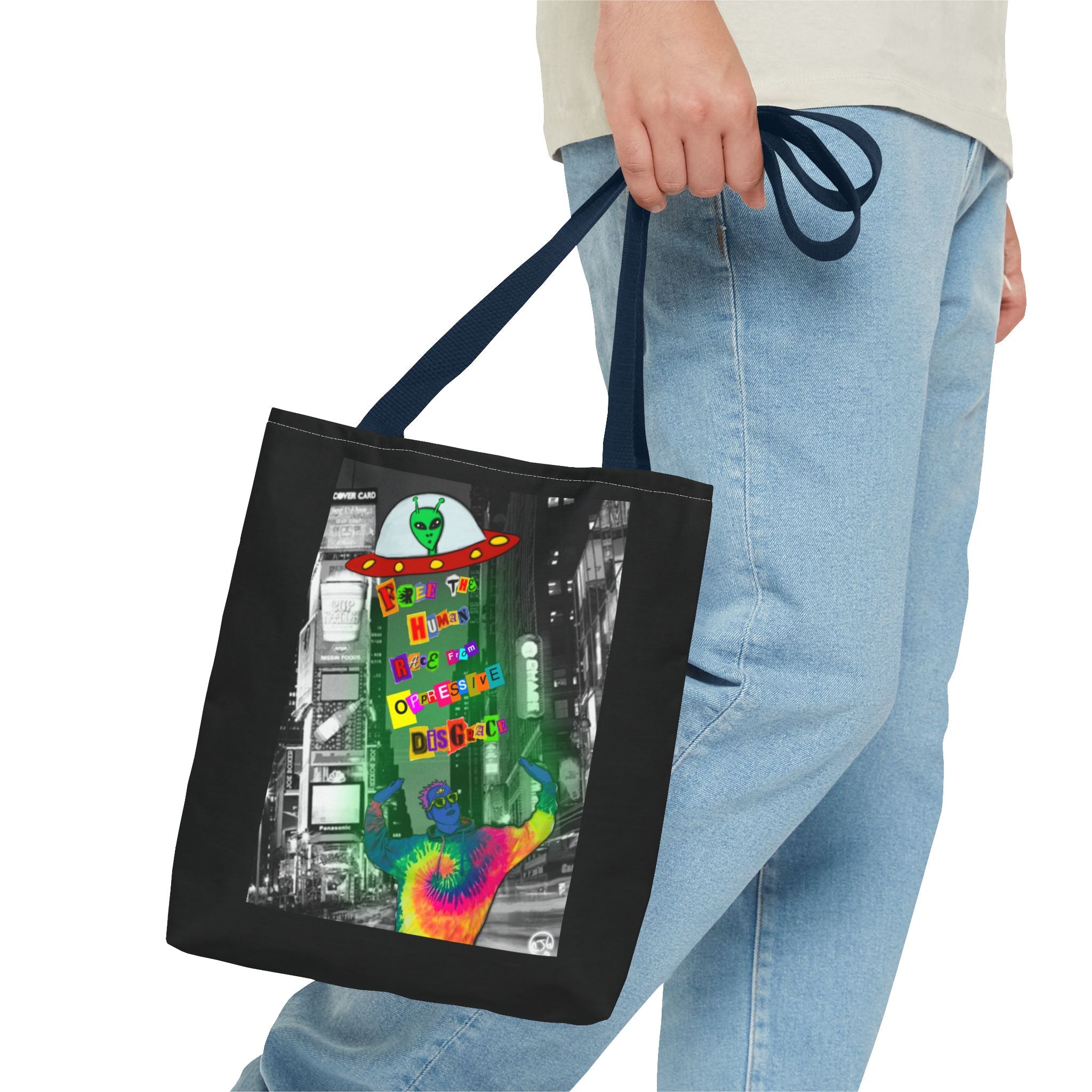 Cosmic Worlds Alien UFO Tote Bag — Psychedelic Rainbow Abduction Design
