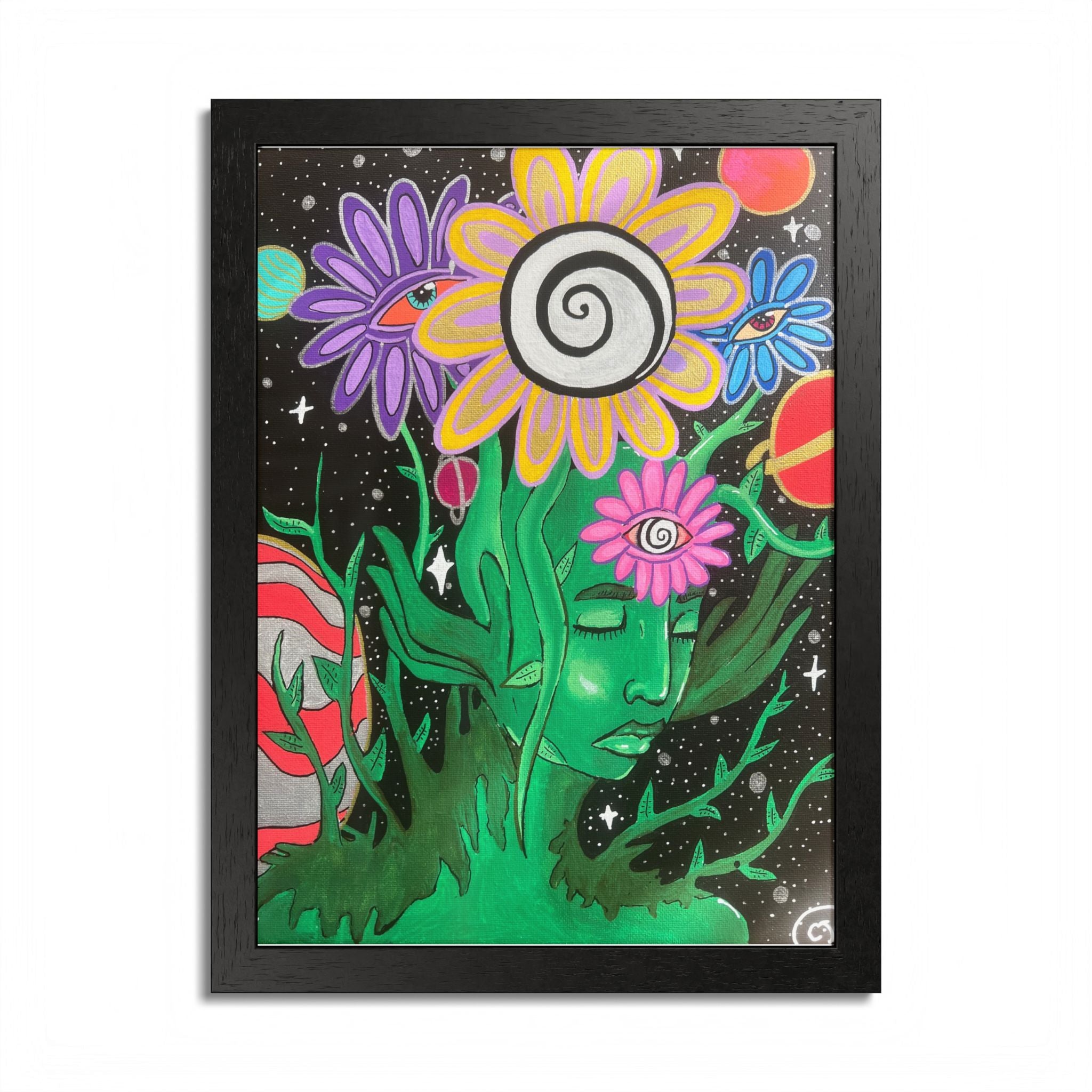 Psychedelic Flower Spirit Framed Poster — Colorful Surreal Wall Art