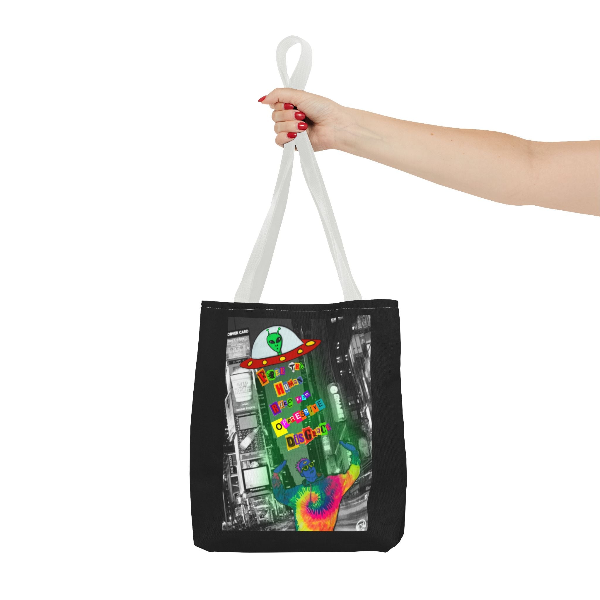 Cosmic Worlds Alien UFO Tote Bag — Psychedelic Rainbow Abduction Design