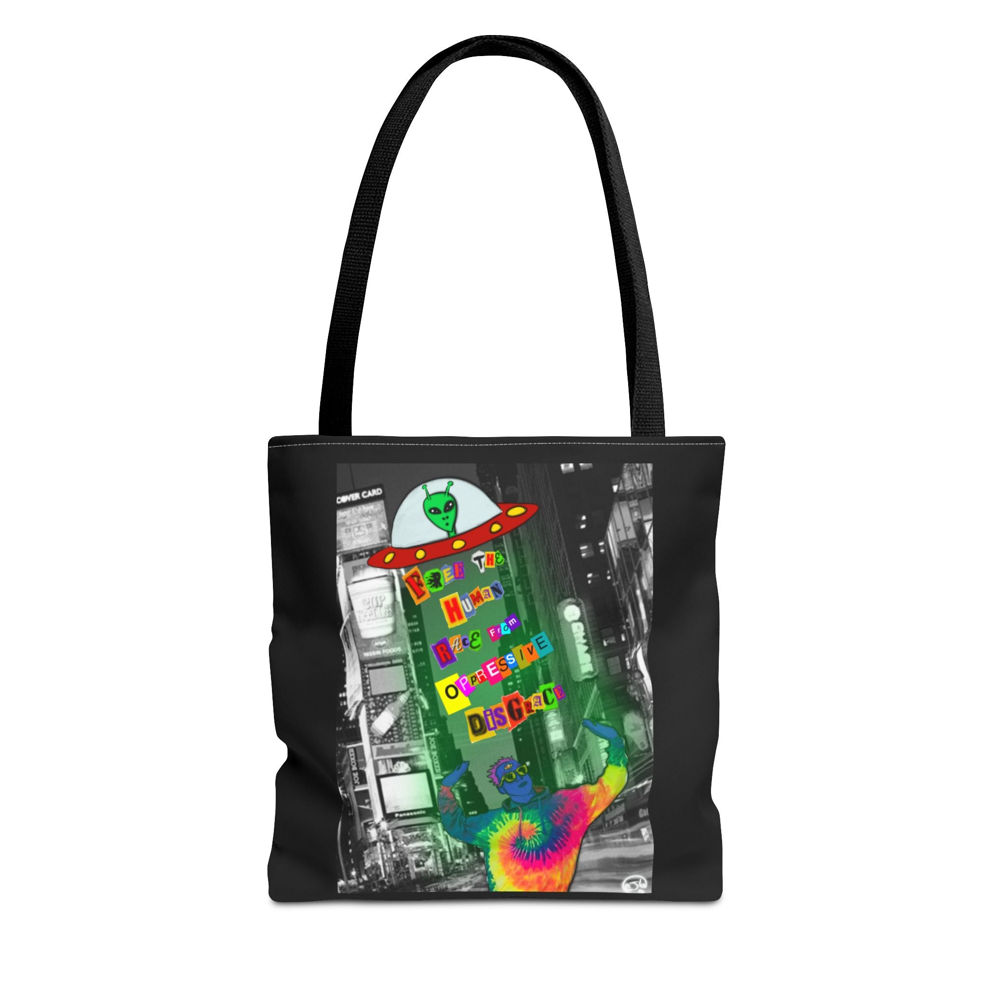 Cosmic Worlds Alien UFO Tote Bag — Psychedelic Rainbow Abduction Design