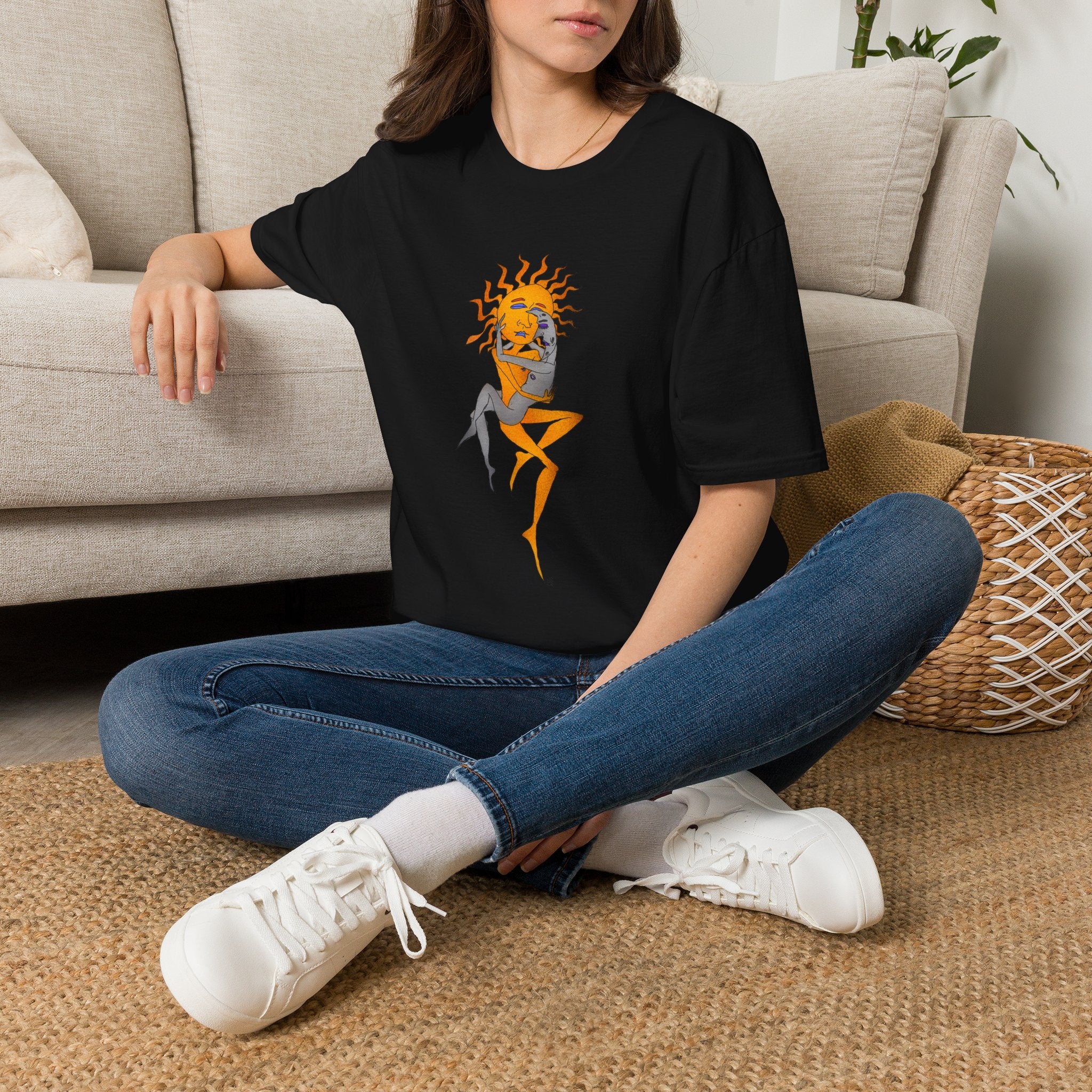 Sun & Moon Embrace T-Shirt — Celestial Couple Graphic Tee