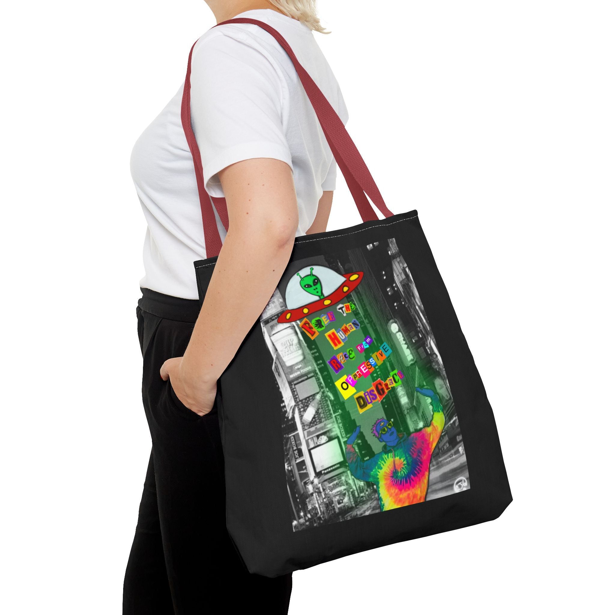 Cosmic Worlds Alien UFO Tote Bag — Psychedelic Rainbow Abduction Design