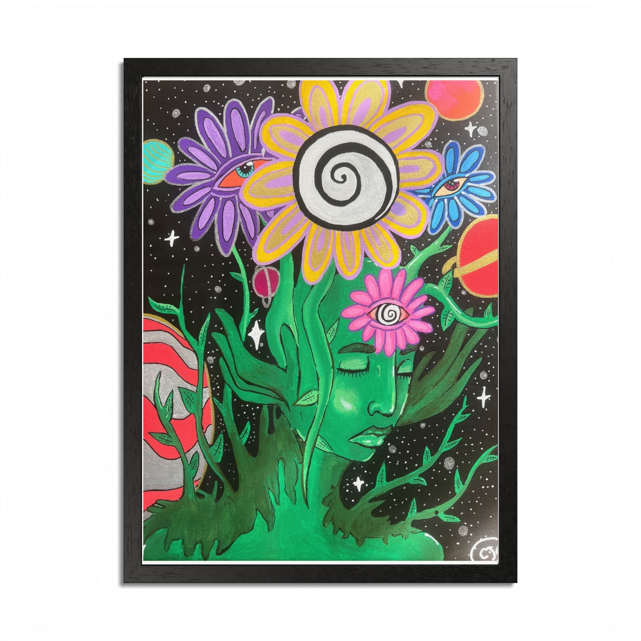 Psychedelic Flower Spirit Framed Poster — Colorful Surreal Wall Art