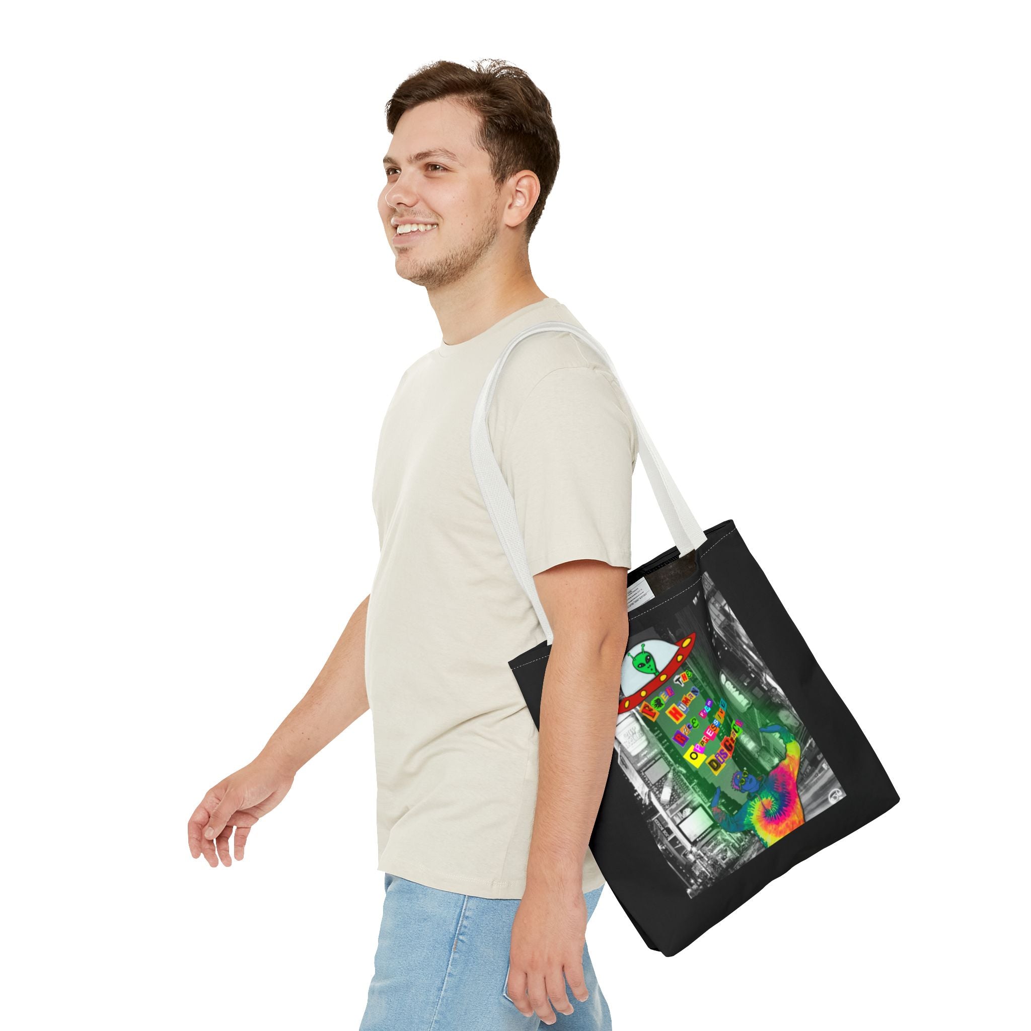 Cosmic Worlds Alien UFO Tote Bag — Psychedelic Rainbow Abduction Design