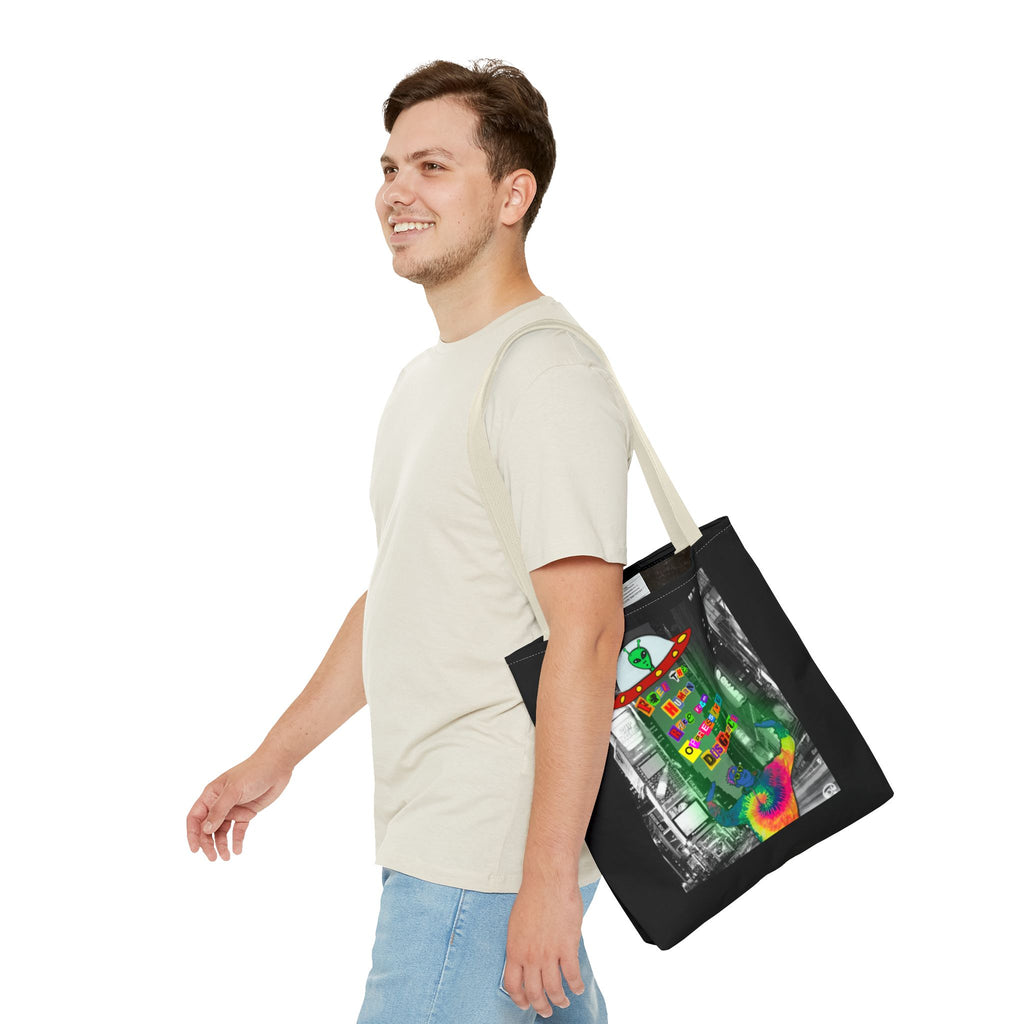 Cosmic Worlds Alien UFO Tote Bag — Psychedelic Rainbow Abduction Design