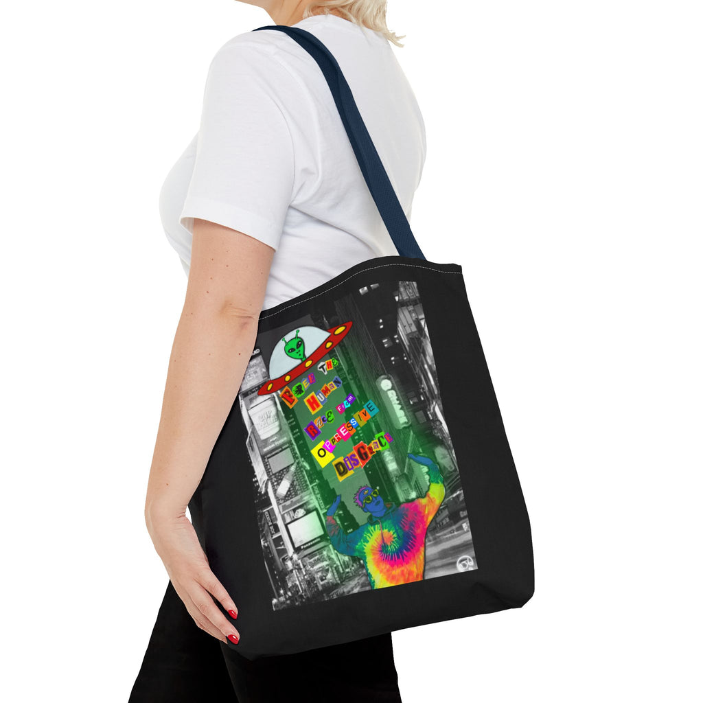 Cosmic Worlds Alien UFO Tote Bag — Psychedelic Rainbow Abduction Design