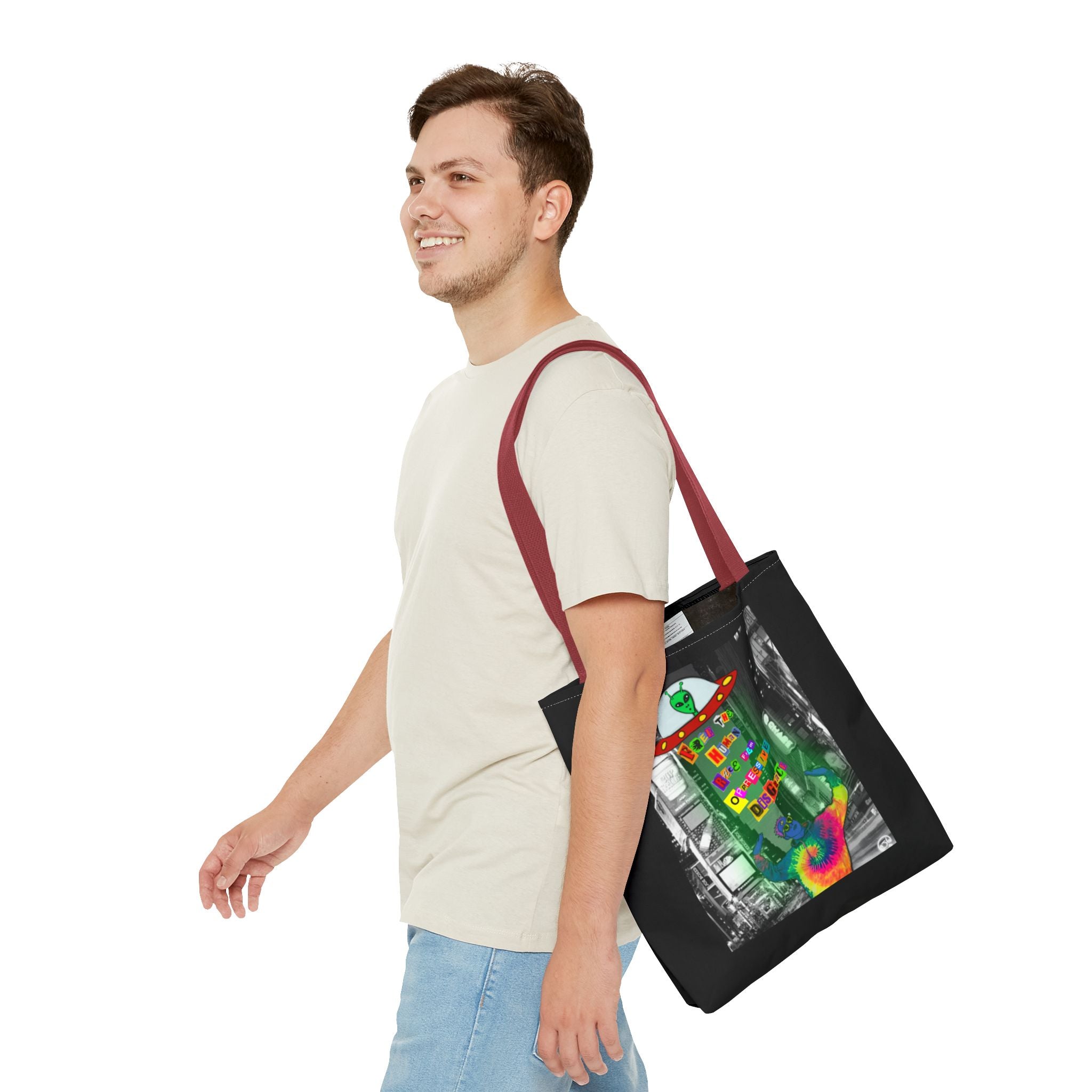 Cosmic Worlds Alien UFO Tote Bag — Psychedelic Rainbow Abduction Design