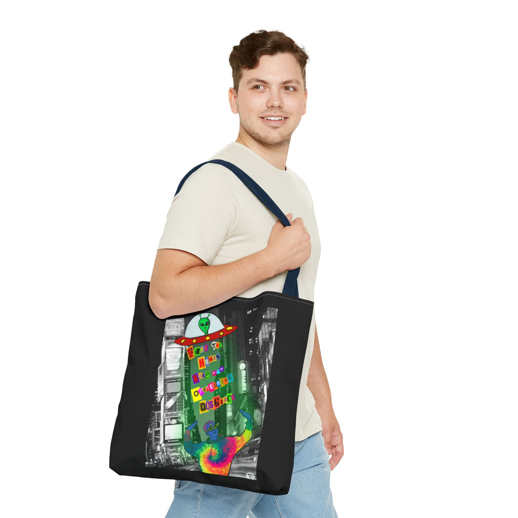 Cosmic Worlds Alien UFO Tote Bag — Psychedelic Rainbow Abduction Design