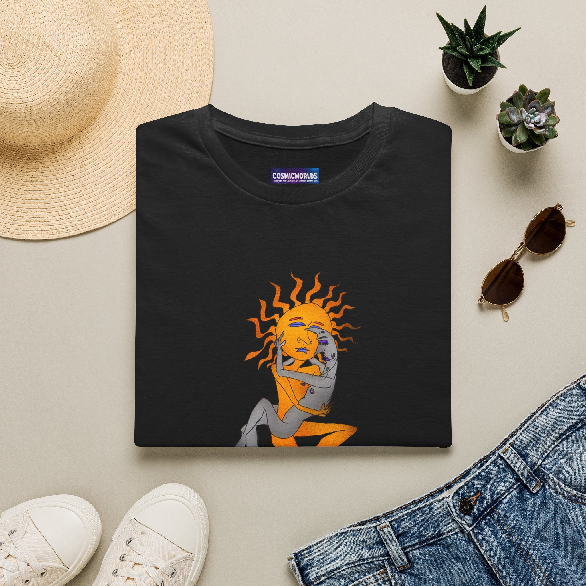 Sun & Moon Embrace T-Shirt — Celestial Couple Graphic Tee