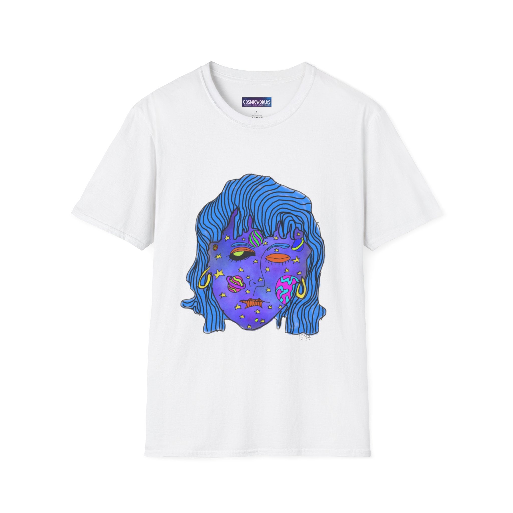Psychedelic Cosmic Face T-Shirt — Surreal Blue Alien Portrait Tee