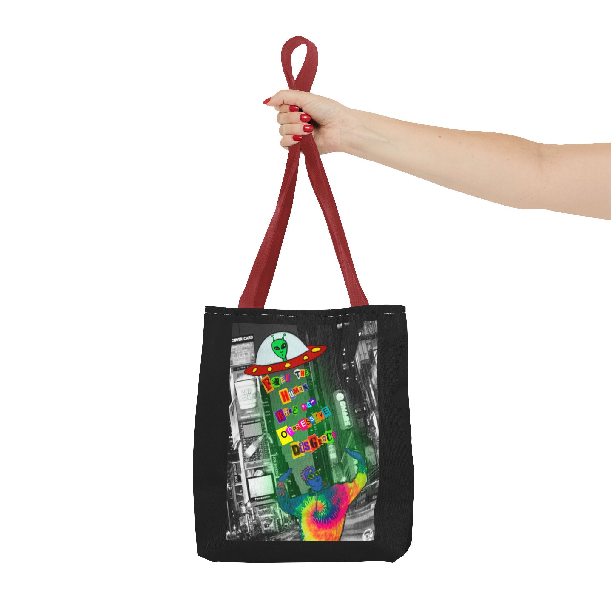 Cosmic Worlds Alien UFO Tote Bag — Psychedelic Rainbow Abduction Design