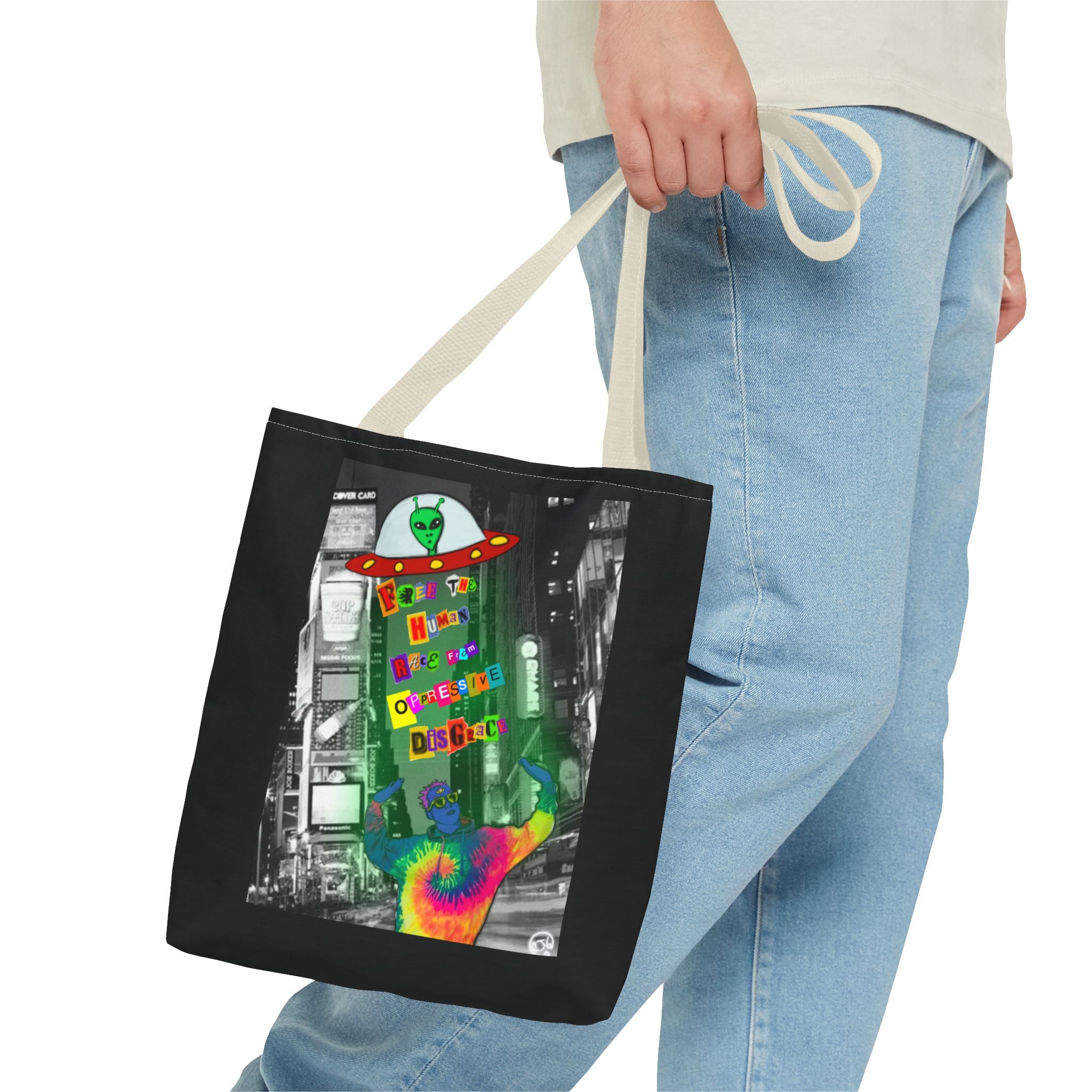 Cosmic Worlds Alien UFO Tote Bag — Psychedelic Rainbow Abduction Design